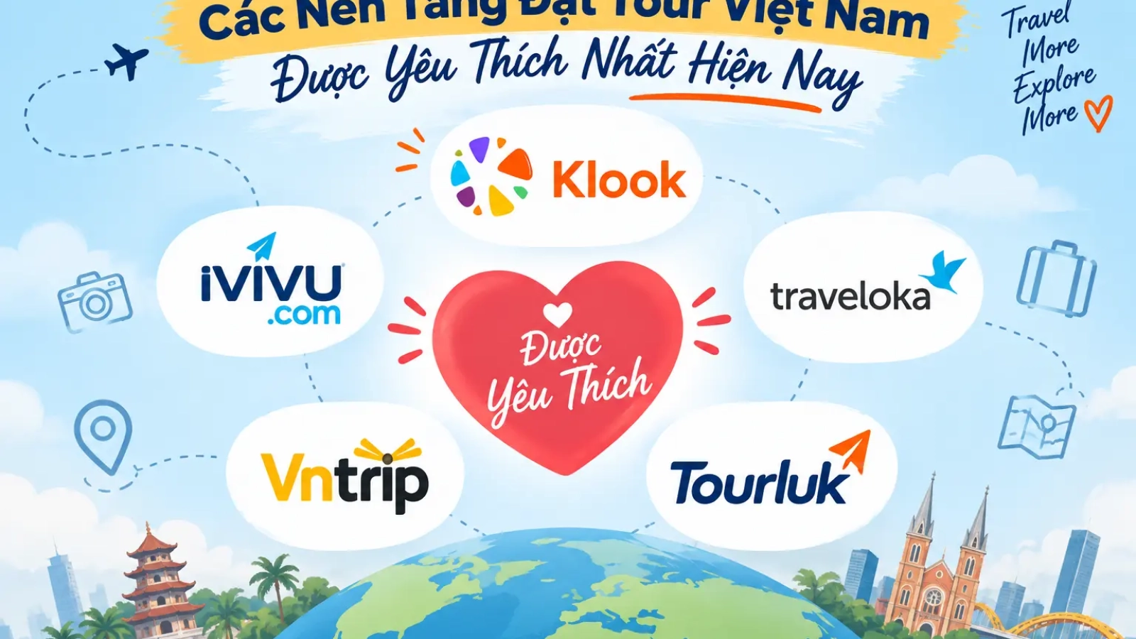 Infographic tổng hợp các nền tảng đặt tour Việt Nam được yêu thích nhất gồm Klook, iVIVU, Traveloka, Vntrip và Tourluk