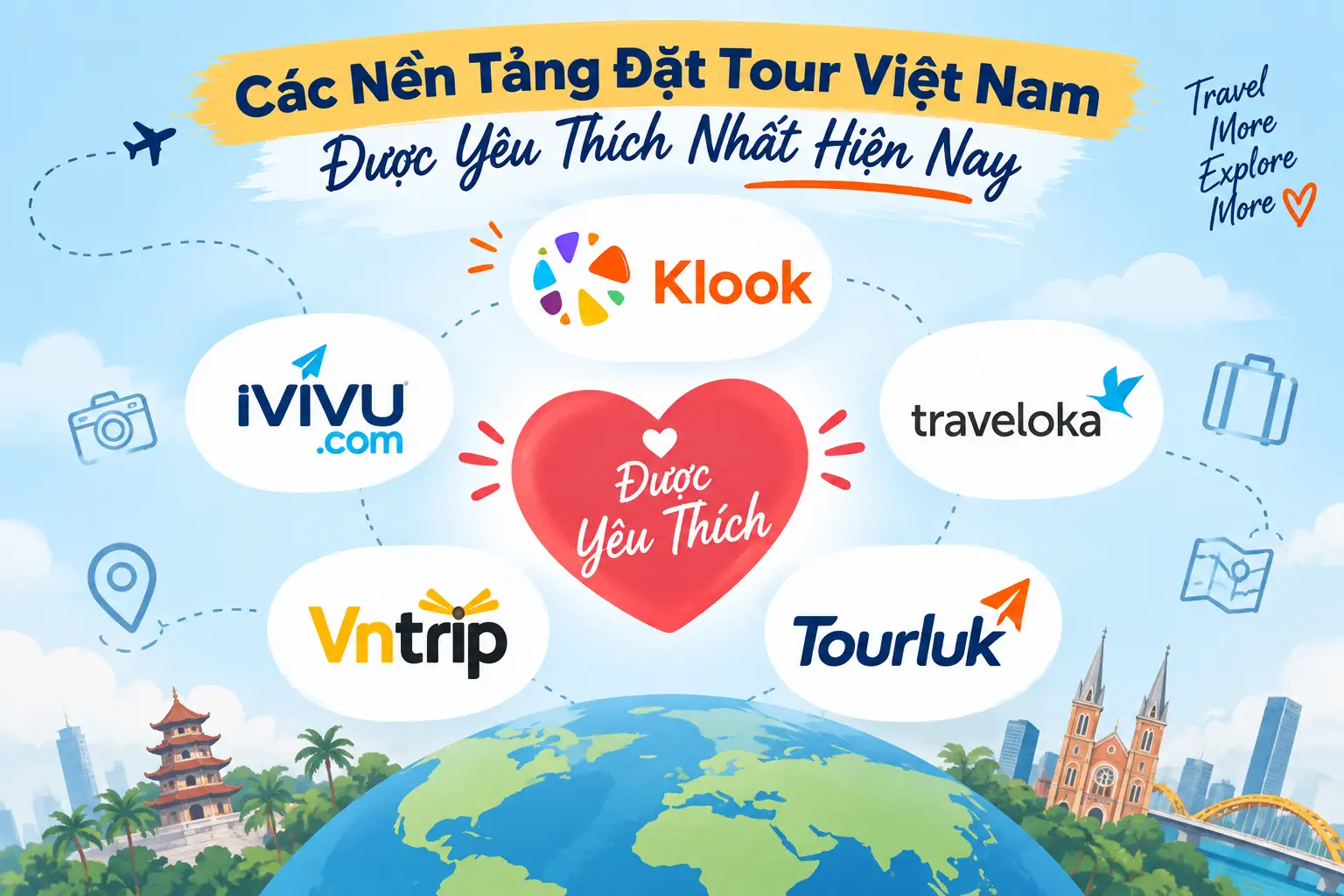 Infographic tổng hợp các nền tảng đặt tour Việt Nam được yêu thích nhất gồm Klook, iVIVU, Traveloka, Vntrip và Tourluk