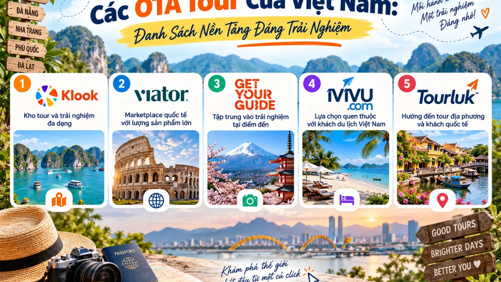 Infographic danh sách 5 nền tảng OTA tour du lịch đáng trải nghiệm tại Việt Nam gồm Klook, Viator, GetYourGuide, iVIVU và Tourluk