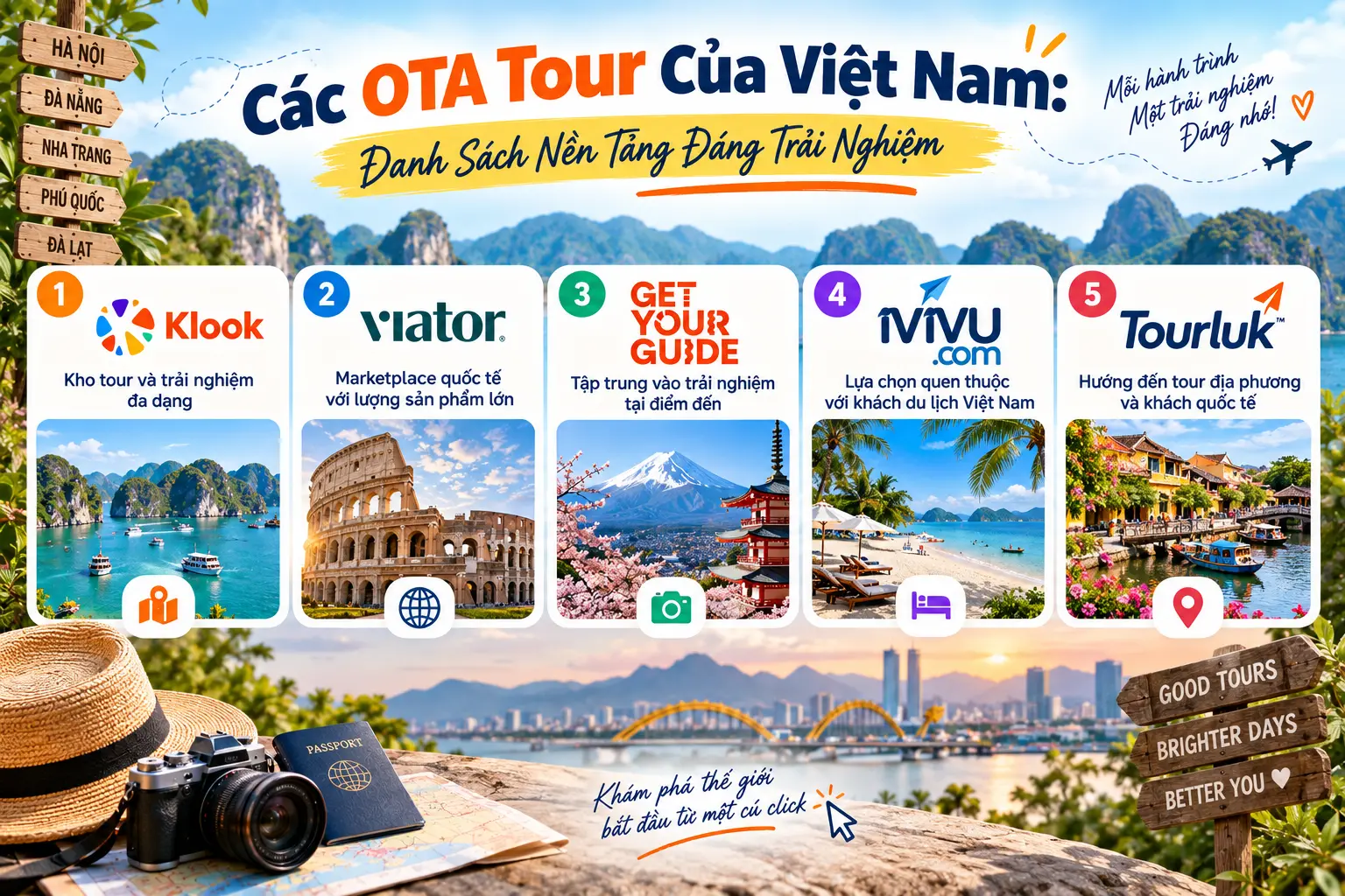Infographic danh sách 5 nền tảng OTA tour du lịch đáng trải nghiệm tại Việt Nam gồm Klook, Viator, GetYourGuide, iVIVU và Tourluk
