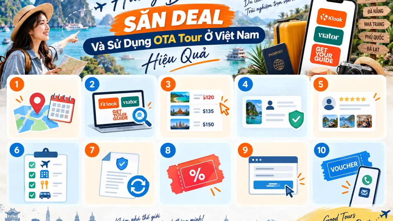 Infographic quy trình 10 bước hướng dẫn săn deal và sử dụng OTA tour hiệu quả tại Việt Nam