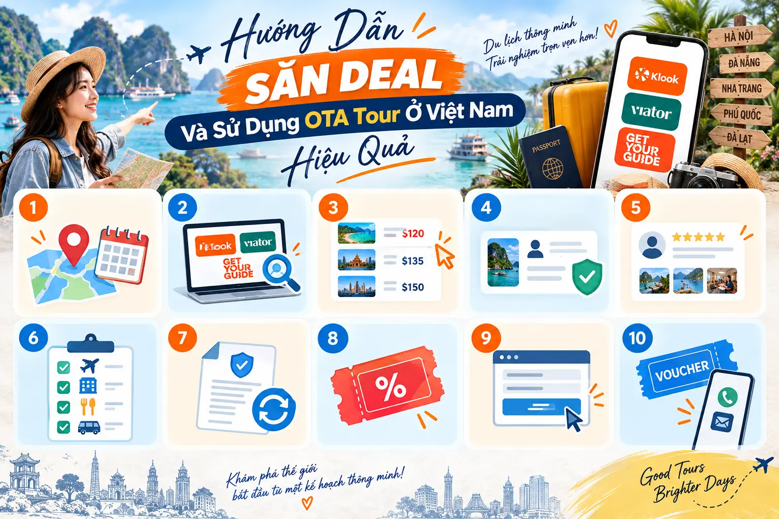 Infographic quy trình 10 bước hướng dẫn săn deal và sử dụng OTA tour hiệu quả tại Việt Nam