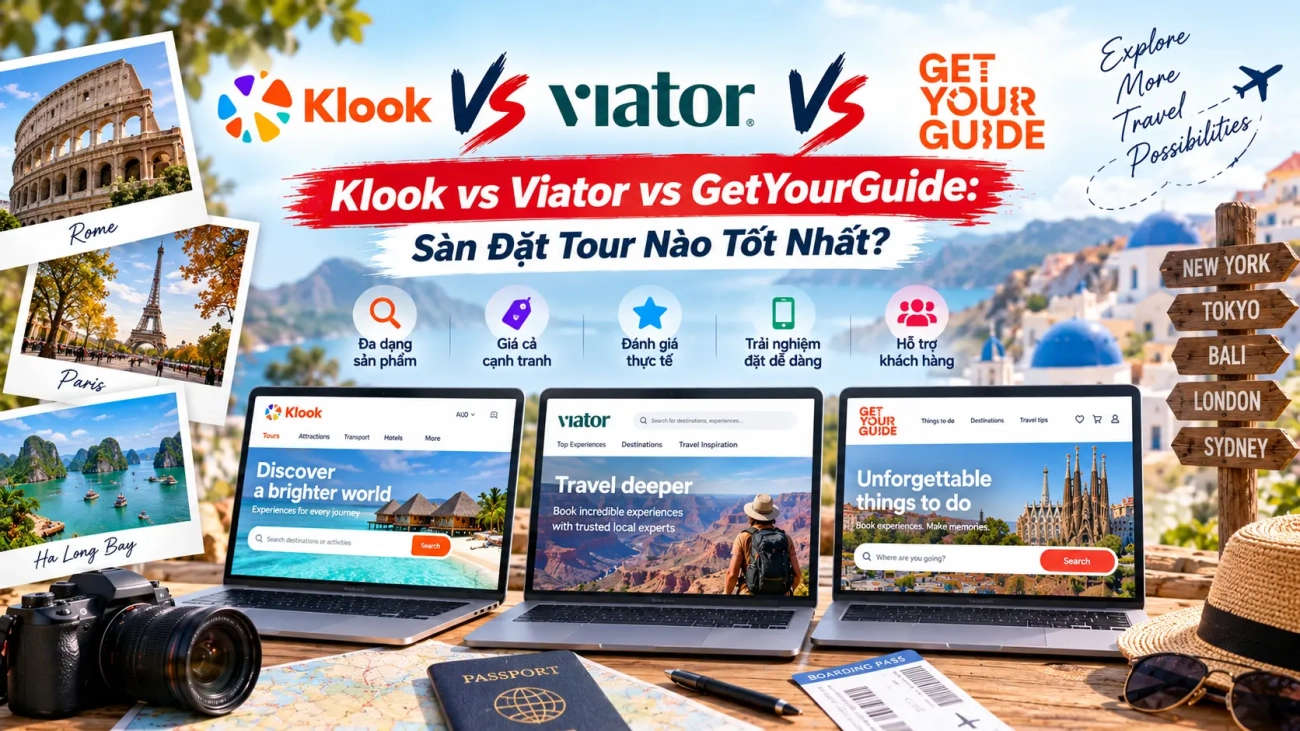 Bảng so sánh ba nền tảng đặt tour du lịch Klook, Viator và GetYourGuide về sản phẩm, giá cả và trải nghiệm