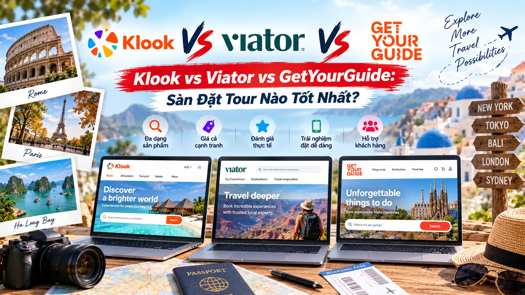 Bảng so sánh ba nền tảng đặt tour du lịch Klook, Viator và GetYourGuide về sản phẩm, giá cả và trải nghiệm
