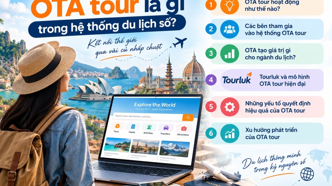 Infographic tổng quan OTA tour là gì trong hệ thống du lịch số bao gồm mô hình hoạt động, các bên tham gia, giá trị mang lại và xu hướng phát triển cùng Tourluk