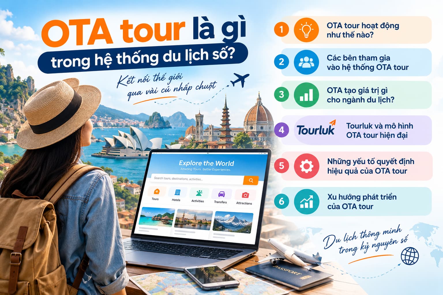 Infographic tổng quan OTA tour là gì trong hệ thống du lịch số bao gồm mô hình hoạt động, các bên tham gia, giá trị mang lại và xu hướng phát triển cùng Tourluk