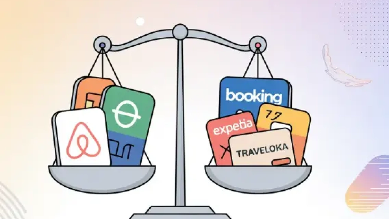 Cán cân so sánh các sàn OTA du lịch phổ biến bao gồm Airbnb, Booking, Traveloka, Expedia