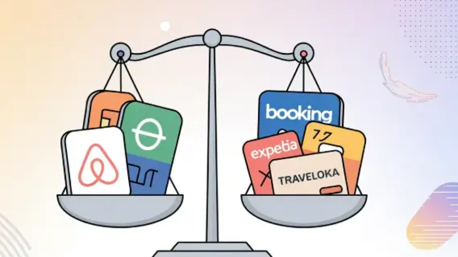 Cán cân so sánh các sàn OTA du lịch phổ biến bao gồm Airbnb, Booking, Traveloka, Expedia