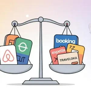 Cán cân so sánh các sàn OTA du lịch phổ biến bao gồm Airbnb, Booking, Traveloka, Expedia