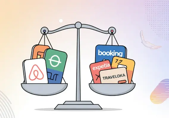 Cán cân so sánh các sàn OTA du lịch phổ biến bao gồm Airbnb, Booking, Traveloka, Expedia