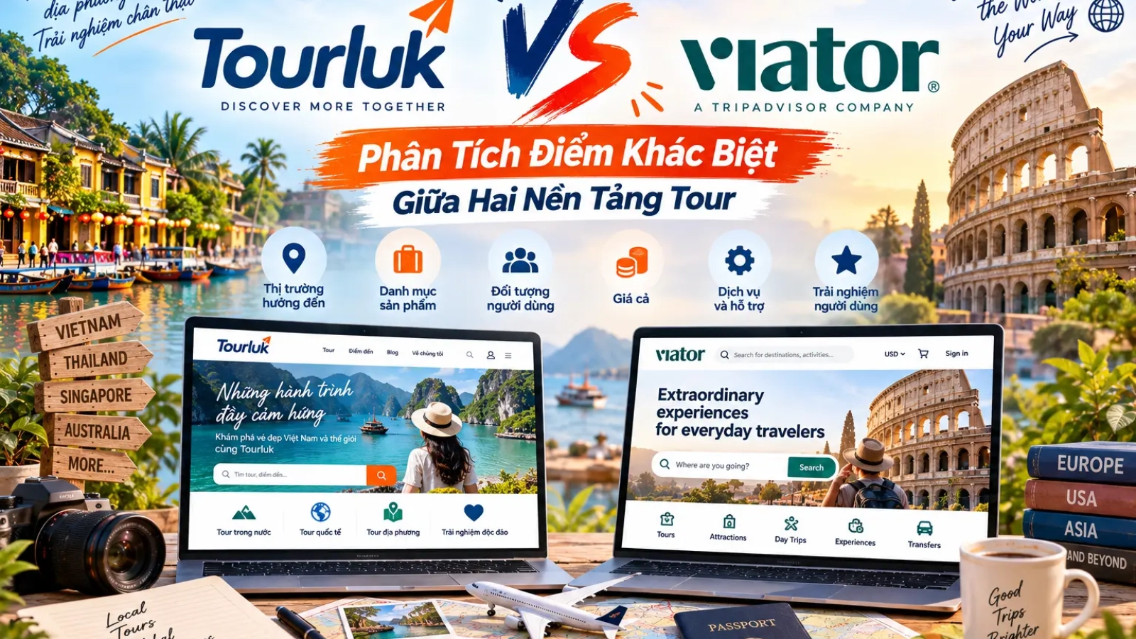 Bảng so sánh phân tích điểm khác biệt giữa hai nền tảng đặt tour Tourluk và Viator về thị trường, giá cả và dịch vụ