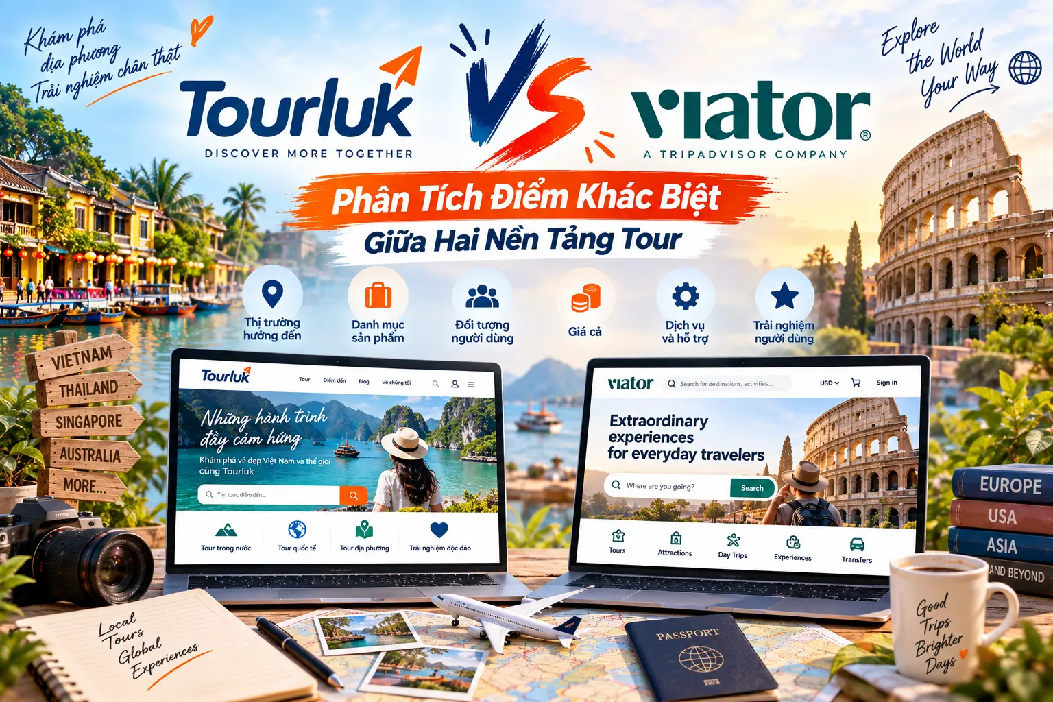 Bảng so sánh phân tích điểm khác biệt giữa hai nền tảng đặt tour Tourluk và Viator về thị trường, giá cả và dịch vụ