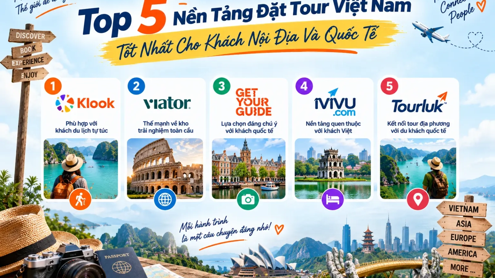 Infographic danh sách Top 5 nền tảng đặt tour Việt Nam tốt nhất cho khách nội địa và quốc tế gồm Klook, Viator, GetYourGuide, iVIVU và Tourluk