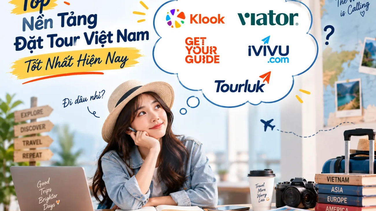 Hình ảnh cô gái du khách đang suy nghĩ lựa chọn các nền tảng đặt tour Việt Nam tốt nhất bao gồm Klook, Viator, GetYourGuide, iVIVU và Tourluk