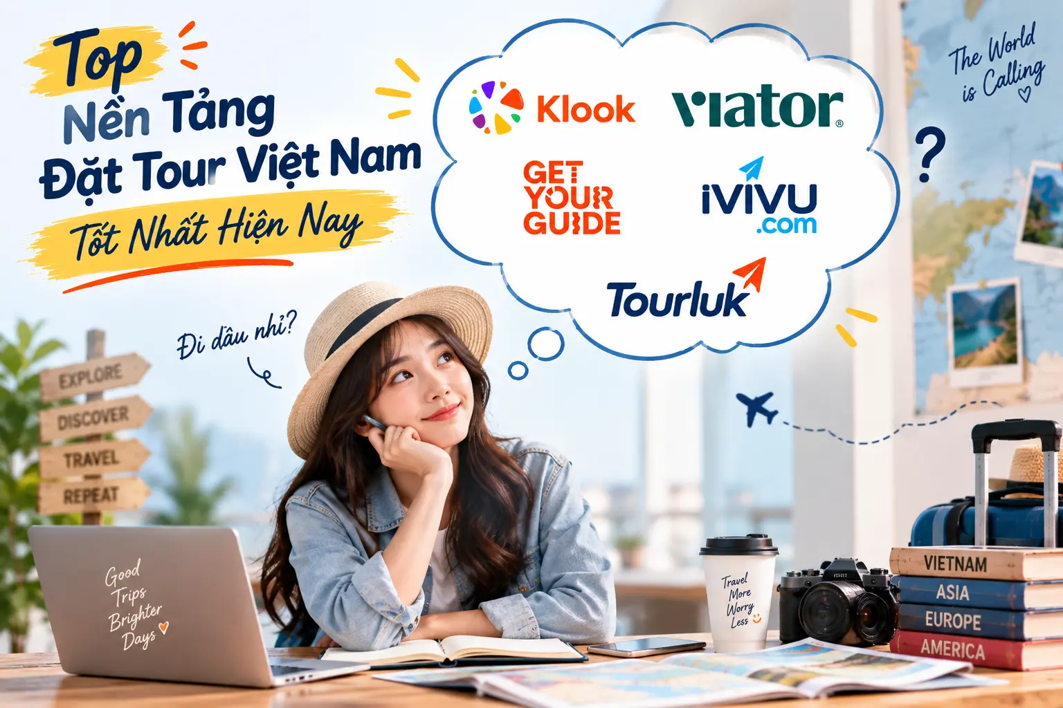 Hình ảnh cô gái du khách đang suy nghĩ lựa chọn các nền tảng đặt tour Việt Nam tốt nhất bao gồm Klook, Viator, GetYourGuide, iVIVU và Tourluk