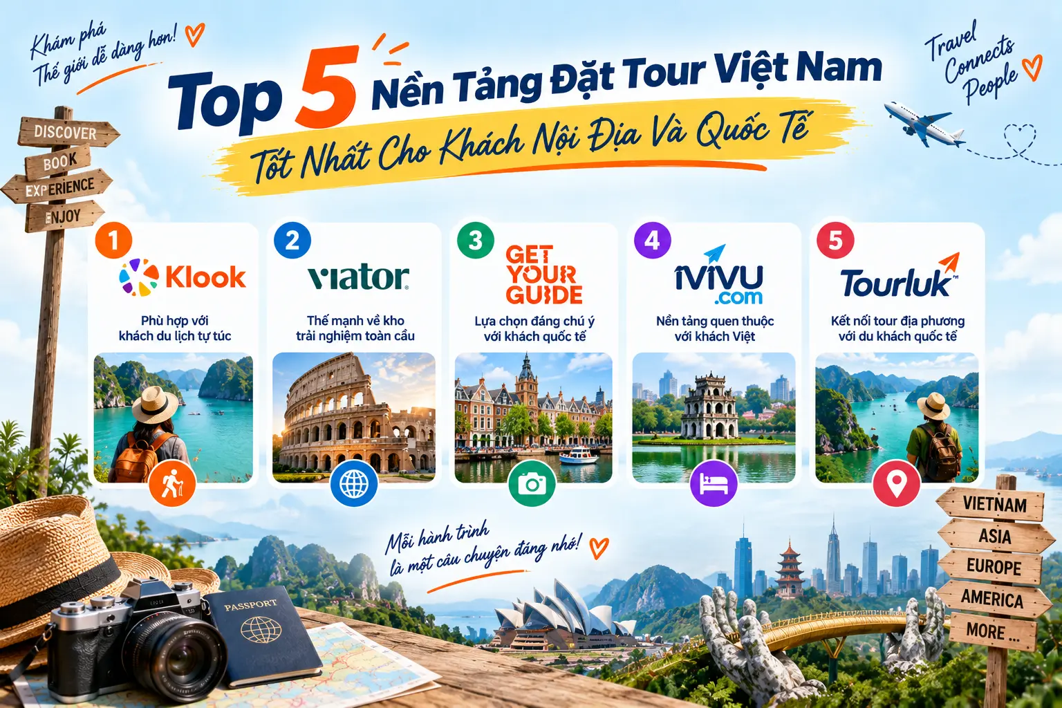 Infographic danh sách Top 5 nền tảng đặt tour Việt Nam tốt nhất cho khách nội địa và quốc tế gồm Klook, Viator, GetYourGuide, iVIVU và Tourluk