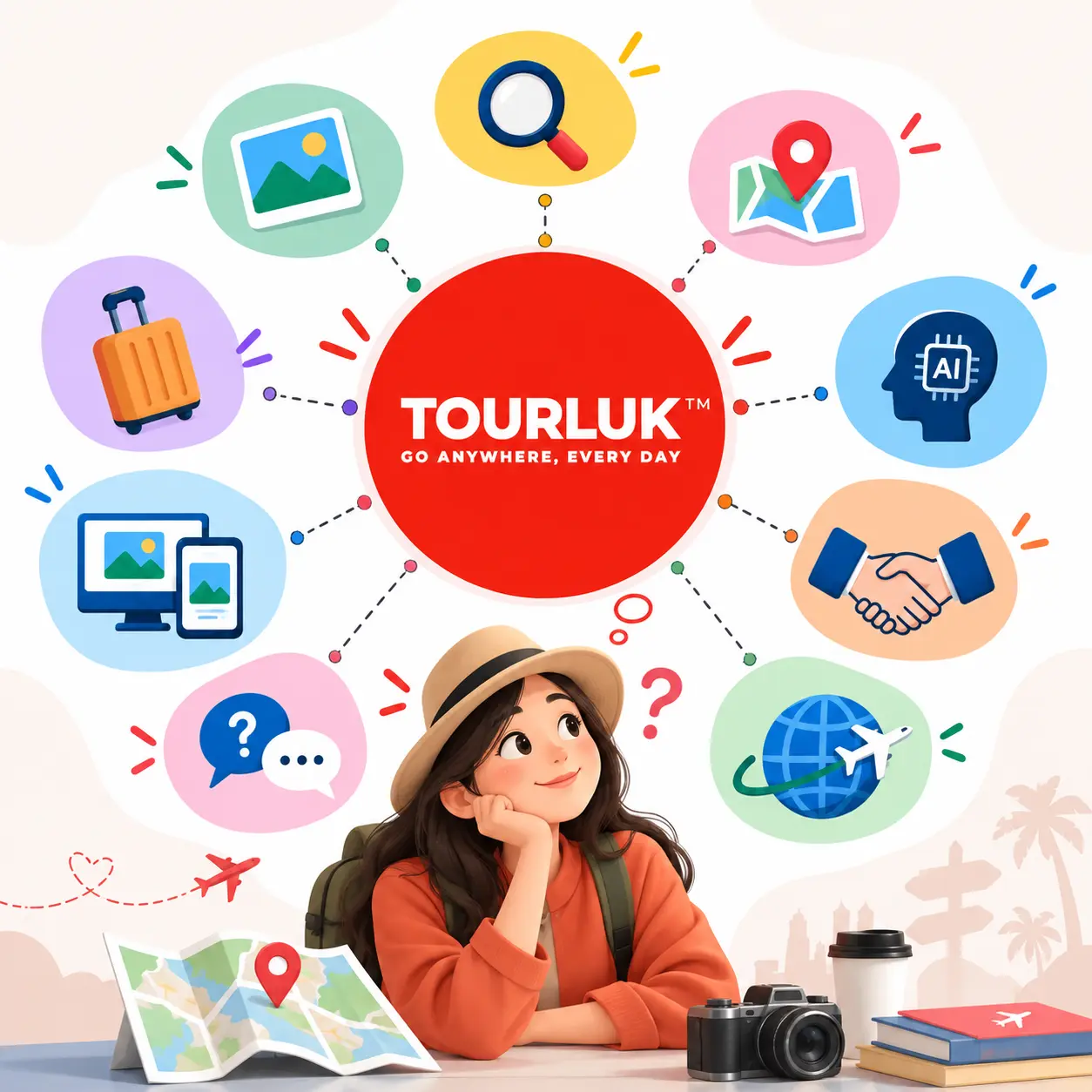 Infographic hệ sinh thái tính năng du lịch thông minh và ứng dụng AI của nền tảng Tourluk